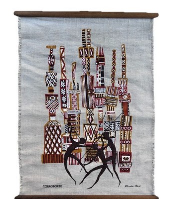 Vintage 1960's Donald Clark Silk Screen Linen Wall Hanging Corroboree Native MCM