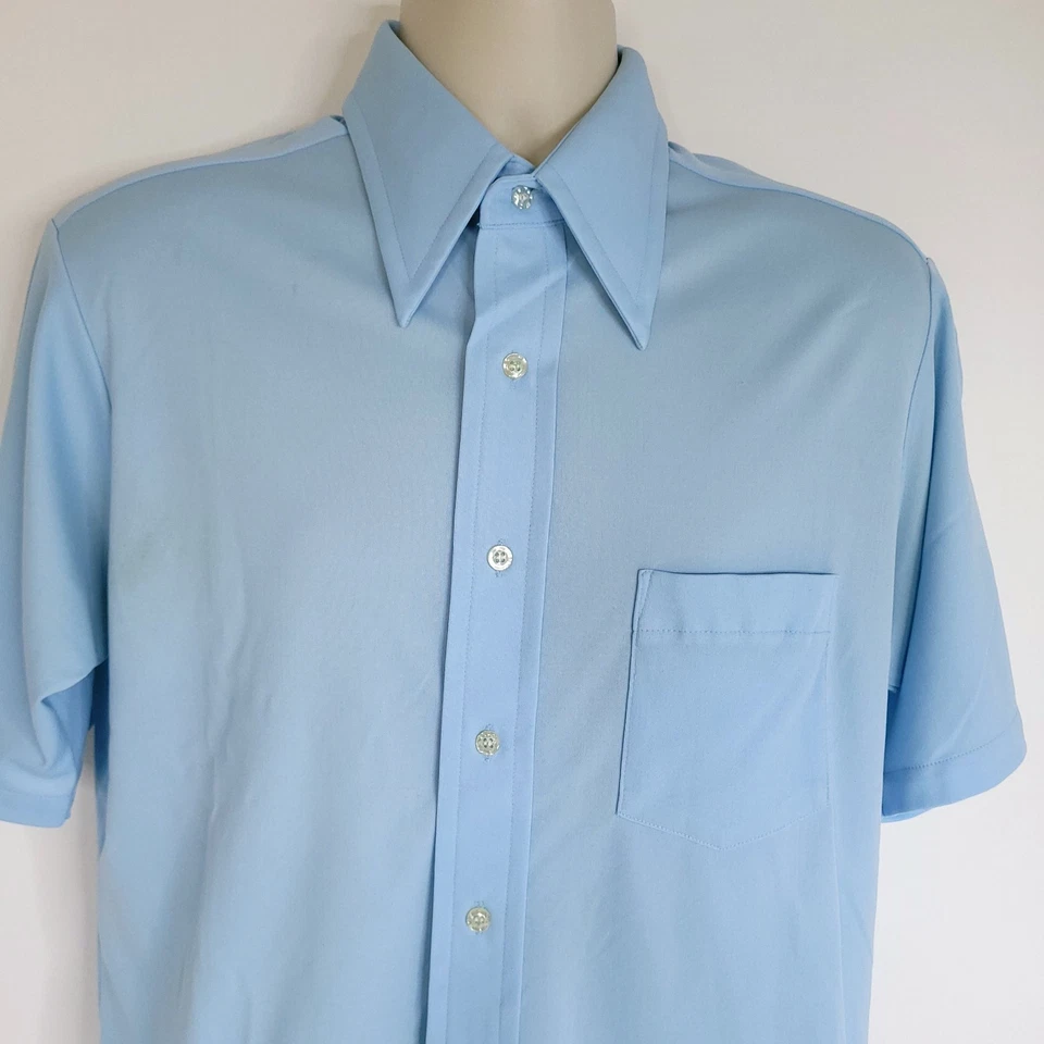 VTG 70s Shirt Dagger Collar Button Up Mens 16.5 Blue Disco Van Heusen Vanknit - Image 4 of 4