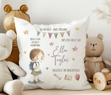 Personalised girl back to school cushion, toddler pillow, motivational idea
