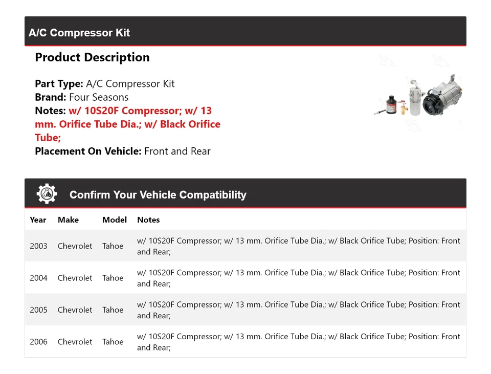 适用于 2003 - 2006 年雪佛兰 Tahoe 空调压缩机套件前后 4 季 2004 — 第 2/4 张图片