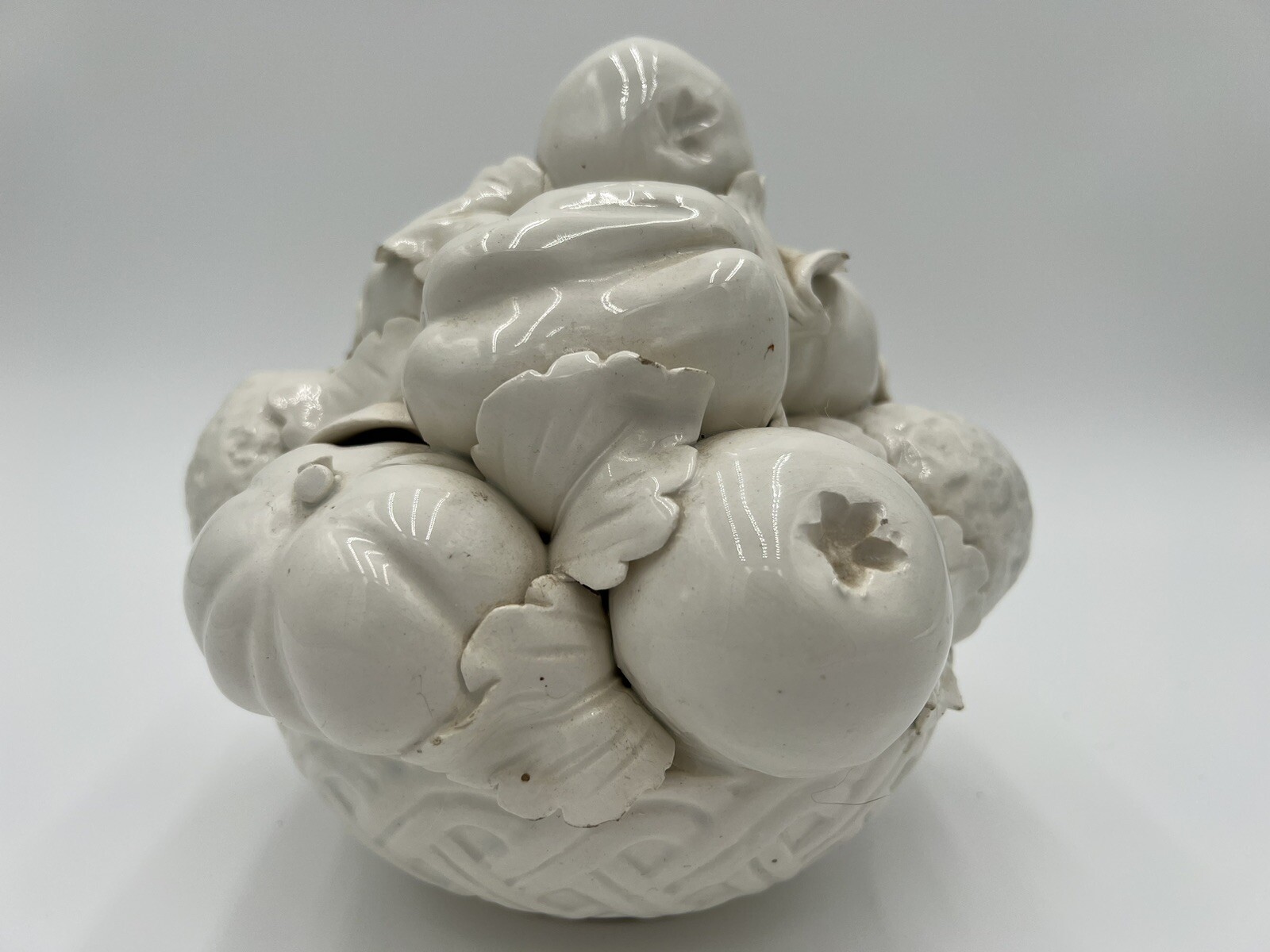 Blanc de Chine Creamware White Glaze Fruit Topiary Basket Weave Made in