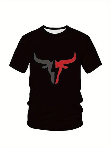 Men's Bull Pattern Printed T-shirt, Casual Short Sleeve Round Neck T-shirt, Summ - Picture 4 of 7