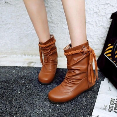 Womens Faux Leather Pull On Ankle Boots Hidden Heel Wedge Shoes Tessels Plus Sz