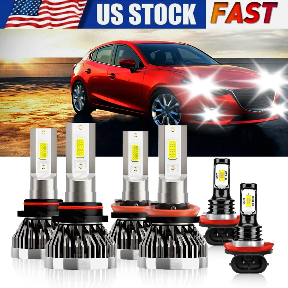 For Mazda 3 Sport 2013 LED Headlight Bulb + Fog Light Combo 6Pcs 6000K White Kit - Image 2 of 4