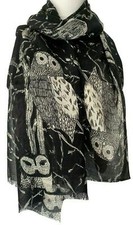 Owl Scarf Ladies Black Grey Owls Cotton Blend Bird Print Wrap Fair Trade Shawl 