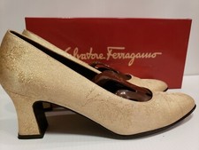 Salvatore Ferragamo size 9 AAAA gold champagne fabric block heel pump narrow...