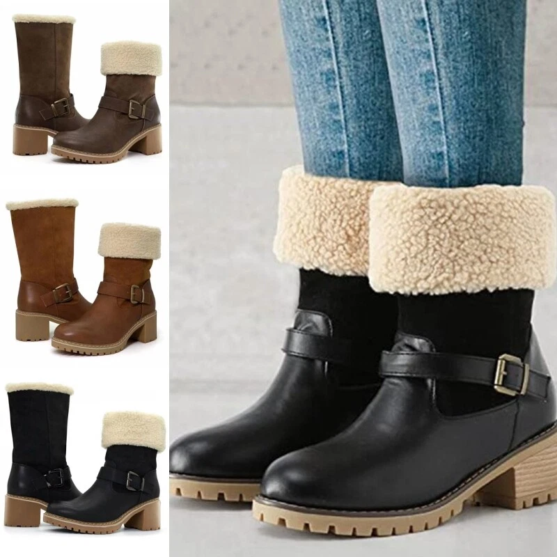 Women Ankle Boots Mid Calf Winter Booties Dress Ladies Faux Fur