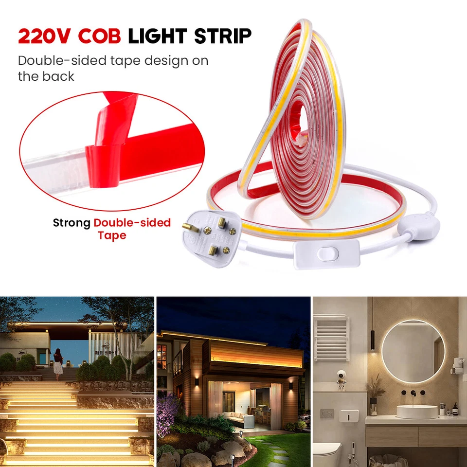 Neon COB LED Strip Light Waterproof 220V UK Plug Flexible Tape Lamp High Density - Image 4 of 4