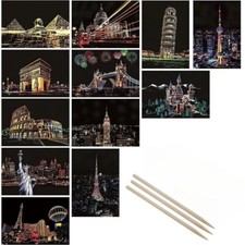 4Pcs DIY Scratch Painting Night Scene Art Set   City Building Landscape, Kids Ed