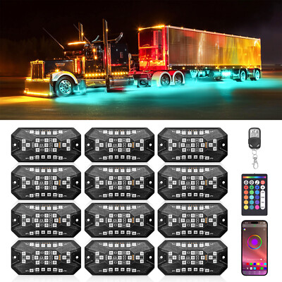 12 Pods Full Angle RGB LED Rock Lights Bluetooth APP+Wireless 24 Key Remote+ Fob