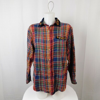 Vintage Casey & Max Fall Leaves Embroidered Plaid Button-Up Top Large #6936