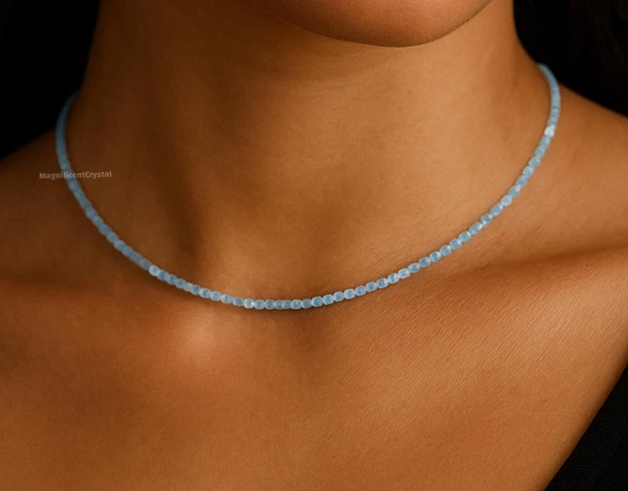 2mm Dainty Aquamarine Choker Blue Stone Queen Necklace Healing Reiki Energy Gift - Image 2 of 4