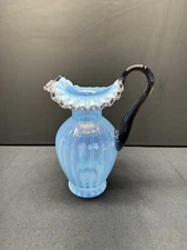Fenton Misty Blue Rib Optic With Plum Edge And Handle Pitcher Vase