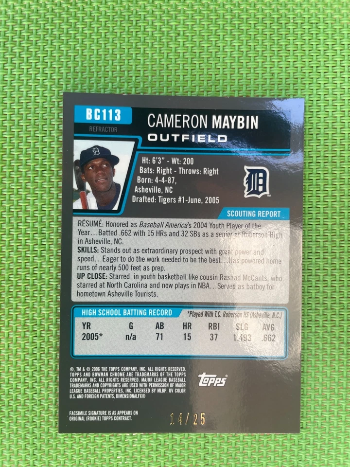 2006 BOWMAN CHROME DRAFT ORANGE REFRACTOR CAMERON MAYBIN ROOKIE 14 OF 25 - Image 4 of 4
