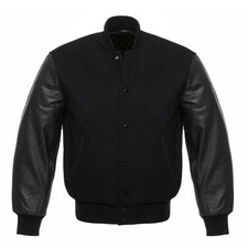 Giacca uomo nera Varsity corpo lana vera pelle maniche.Letterman Bomber,Ja