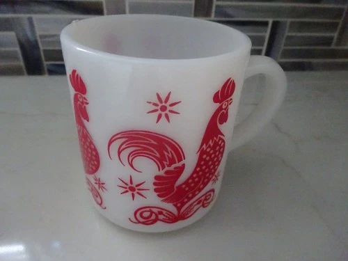 Hazel Atlas Red Rooster Platonite Milk Glass Chicken Mug Coffee Cup Vintage 50s