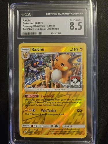 Raichu Burning Shadows 41/147 League Challenge 3rd Place Promo Holo CGC 8.5