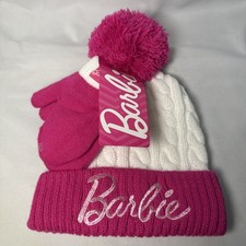 Mattel BARBIE 2pc Pink/White Knit Beanie Hat  Mittens Set One Size Toddlers 2C2