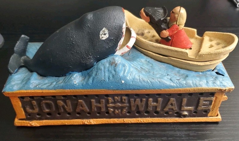 Working Vintage JONAH AND THE WHALE Cast Iron Mechanical Bank 