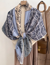 51"x51"Blue City Horse Print 70 Wool 30 Silk Thin Scarf 130x130cm 5-48