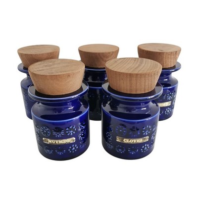 Portmeirion Totem blau Gewürzgläser Vintage x5 Holzdeckel Susan Williams Ellis