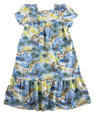Vintage KY'S Hawaii Blue Yellow Pink Palm Tree Floral Short Sleeve Midi Dress XL