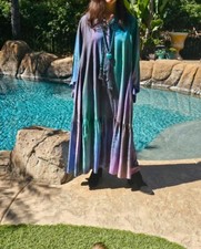Maya Antonia Hand Painted BlueGreen Long/Maxi Dress/Long Sleeves/Pockets/Cotton