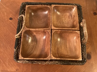 Wicker Server wood and wicker serving 4 bowl set. Wicker server looks hand made | eBay