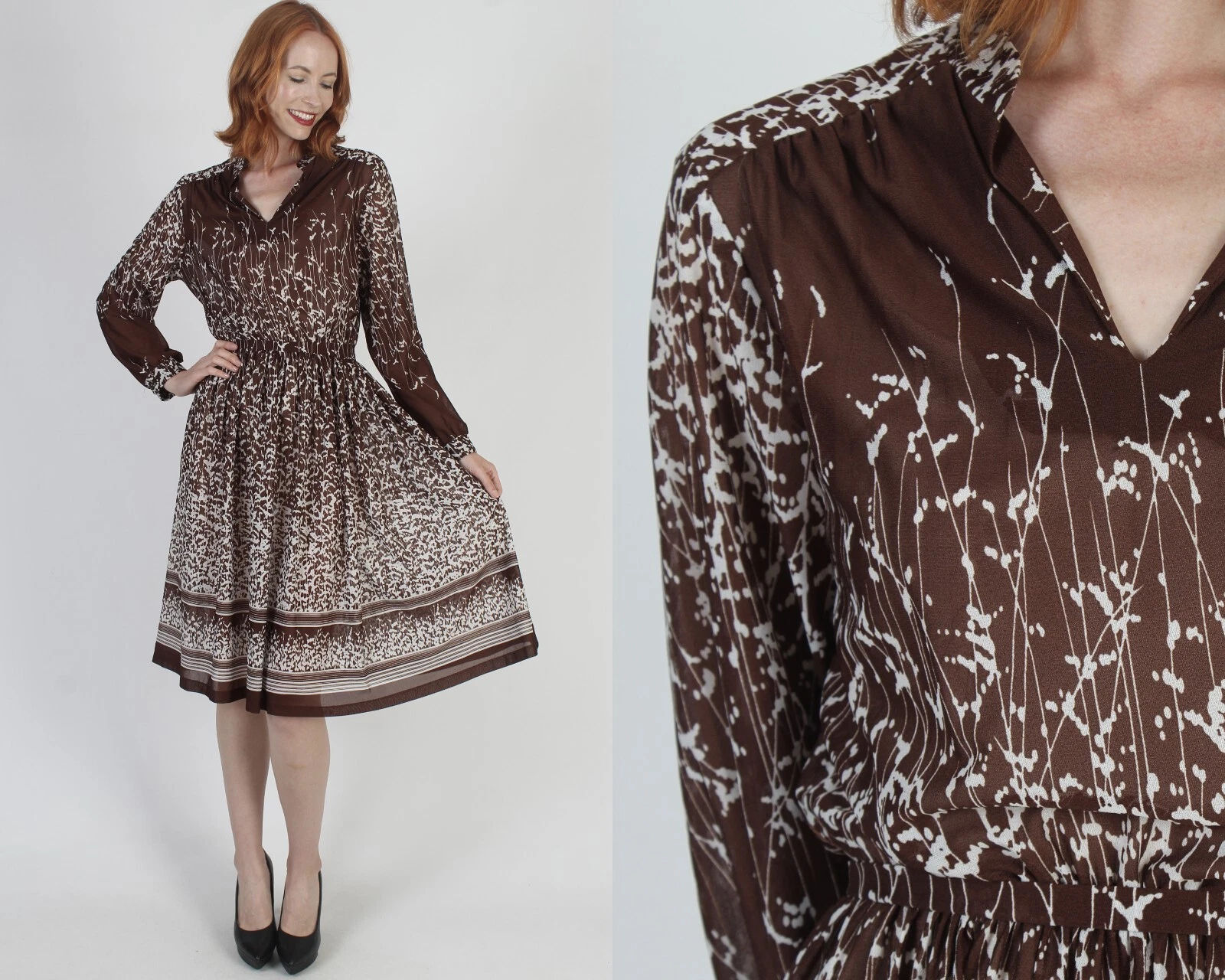 Vtg 80s Wear To Work Print Dress With Belt Cascading Nature Floral Thin Sundress