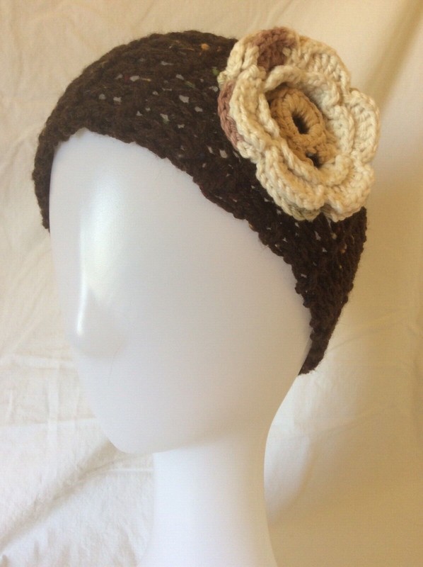 Ob.D. Handmade, Hand Knit, Headband, Brown Tweed with cream crochet Flower