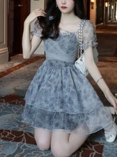 Pink Kawaii Lolita Dress Women Mini PuffSleeve Beach Casual Elegant Fairy Dress 