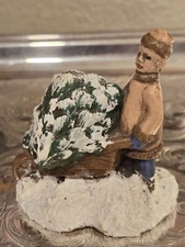Vintage-BRYON MOLDS-c 1979-Miniature Man Pushing Wheelbarrow-w/Christmas Tree-