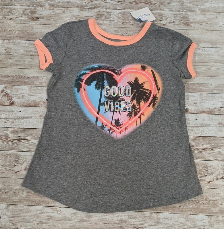 Arizona Jean Company Girls Medium Heather Gray Good Vibes Short Sleeve T Shirt