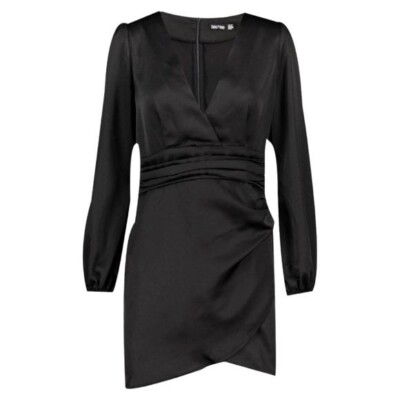 knee length dresses for ladies Lucy Black Satin Long Sleeve Mini Dress main image 1