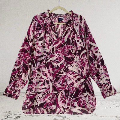 Kaari Blue Abstract Floral Ruffle Tunic Top Women s XL Tropical Art To Wear