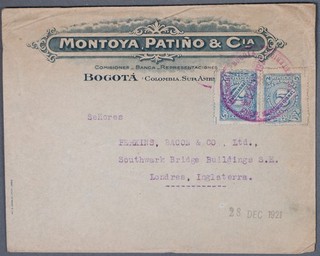 MayfairStamps Colombia 1921 Montoya Patino & Cia Bogotá to London Inglaterra Cubierta