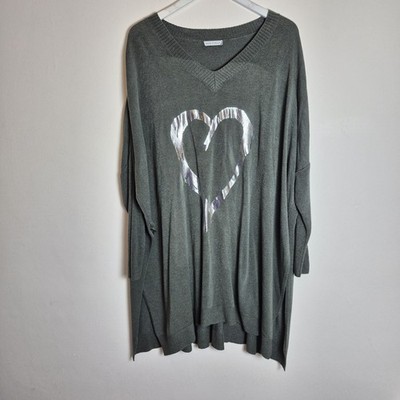 Made In Italy One Size Salbeigrün Oversize Strick Pullover Oberteil Pulli Herz Print