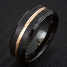 8mm Black Tungsten Men's Ring Rose Gold Plated Stripe Wedding Band Ring