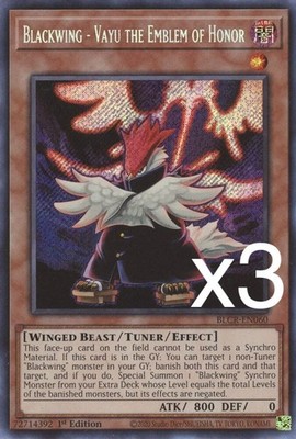 3X Yugioh Blackwing - Vayu the Emblem of Honor BLCR-EN060 Secret Rare 1st Ed NM