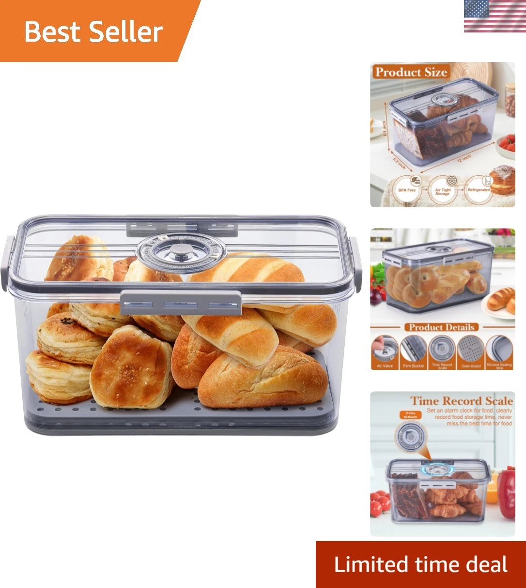 Bread Box for Homemade Bread Boxes for Kitchen Counter Airtight, Time Recordi...