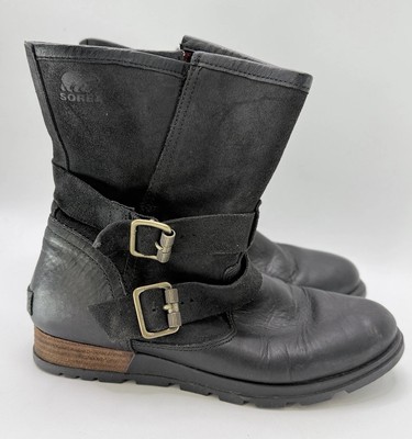 Sorel Major Moto Black and Red Plaid Boots Belted Comfort Low Wedge See Measurem