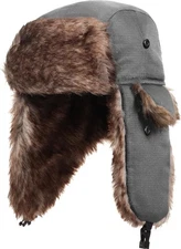 SATINIOR 1 Piece Unisex Trapper Hat with Chin Strap Faux Fur Earflaps Grey 