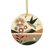 Retro Hummingbird Ornament – Minimalist Floral Modern Boho Decor with 70s Vibes
