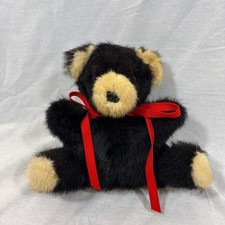 Vtg Soft Mink Fur 9" Teddy Bear Black Tan Red Ribbon Plush Stuffed Animal