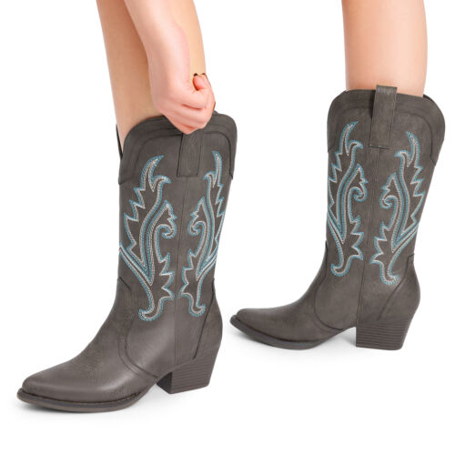 Women Western Mid Calf Boots Pointed Toe Low Heel Cowboy Cowgirls Boots - Picture 29 of 58