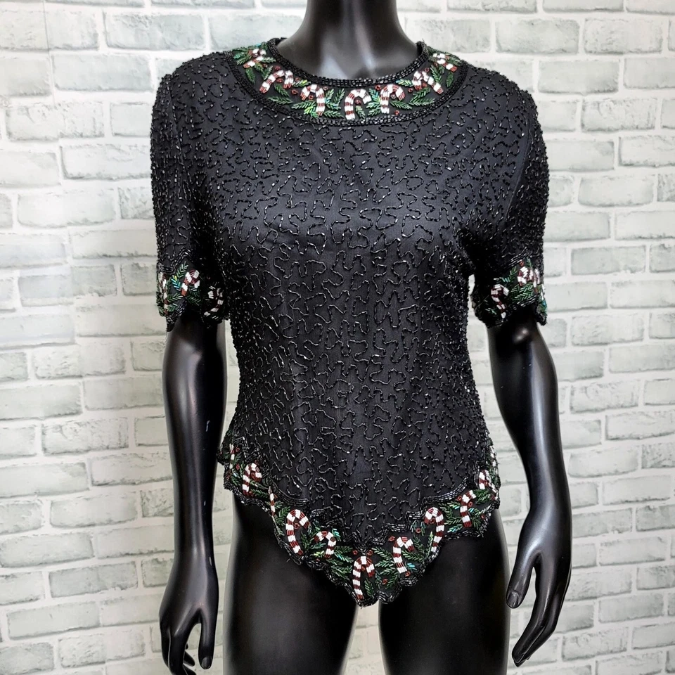 Vintage 80s Laurence Kazar PXL Silk Beaded Sequin Black Red Candy Cane Christmas - Image 2 of 4