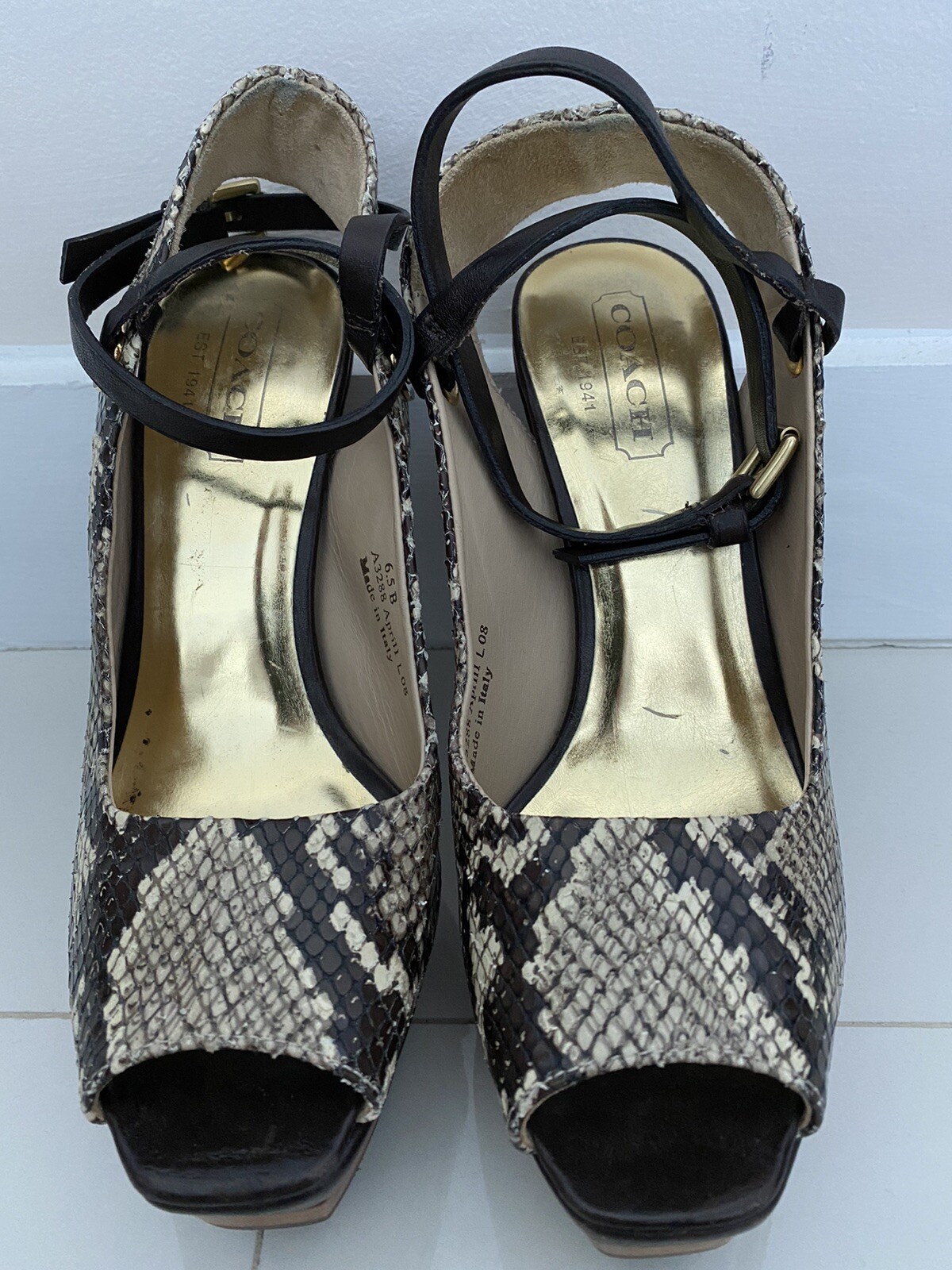 COACH PYTHON SNAKESKIN PEEP TOE PLATFORM HEELS SZ… - image 2
