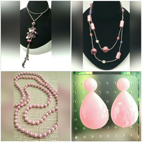 4 pc Lot 3 Purple Necklaces Beaded Acrylic Pink Earrings Craft Supplies MXL7 - Picture 1 of 10