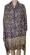 Sarajane Purple Gold Floral Paisley Wrap Scarf Fringed Reversible  76 inX25 in