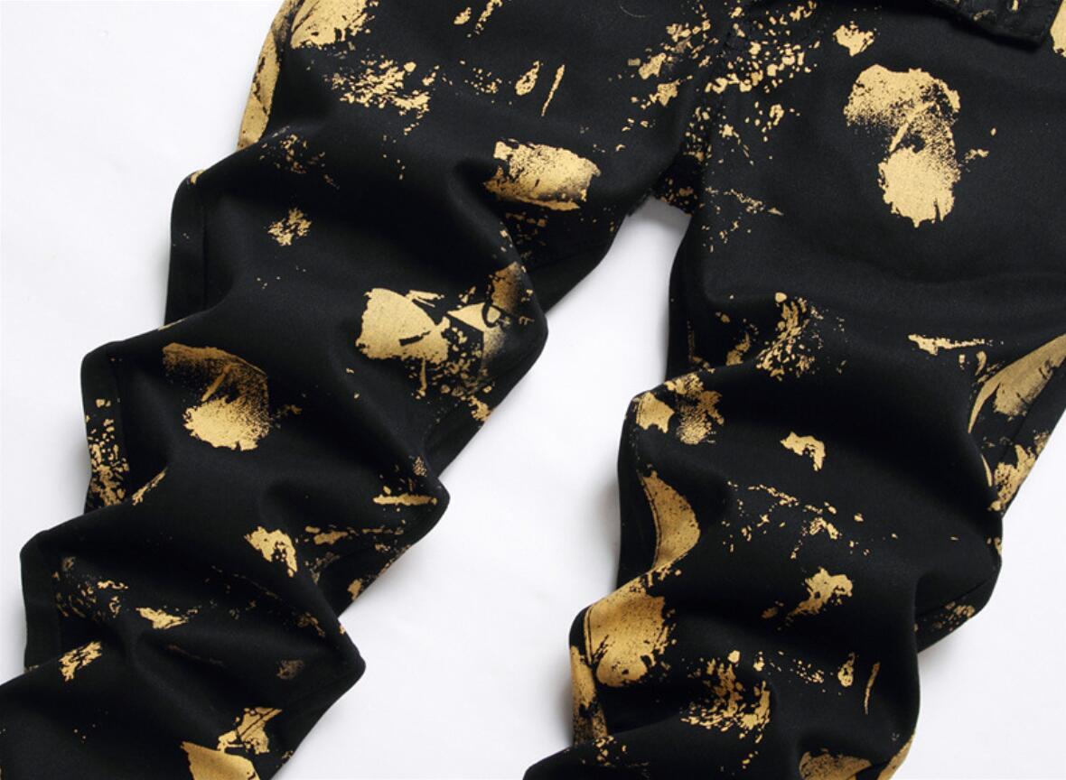 Men's Black Denim Cotton Straight Leg Gold Printed Casual